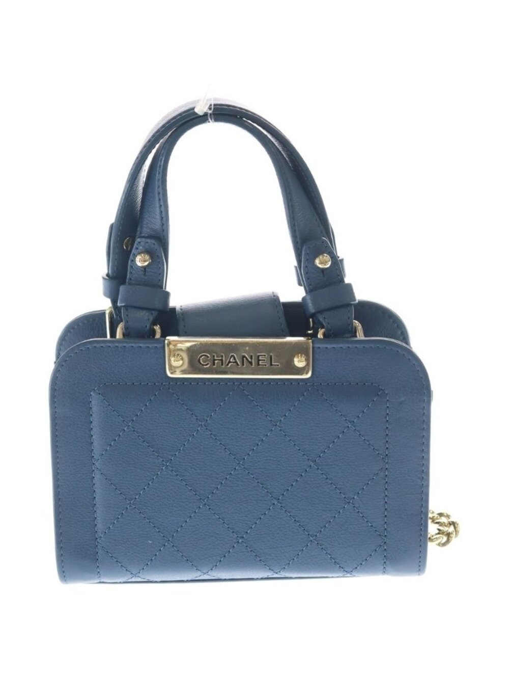 Chanel Quilted Logo Plate Calfskin Leather 2-Way Hand Chain Shoulder Bag Gold
